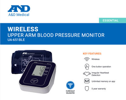 A&D Upper Arm Wireless Blood Pressure Monitor with Bluetooth UA-651BLE